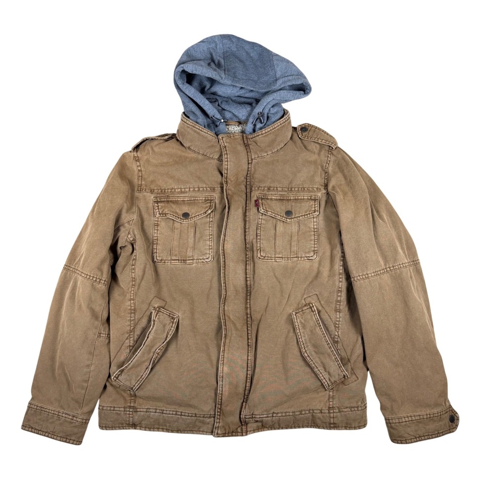 Levis Mens Brown Sherpa Lined Military Field Jacket with Hood Size M RN54163